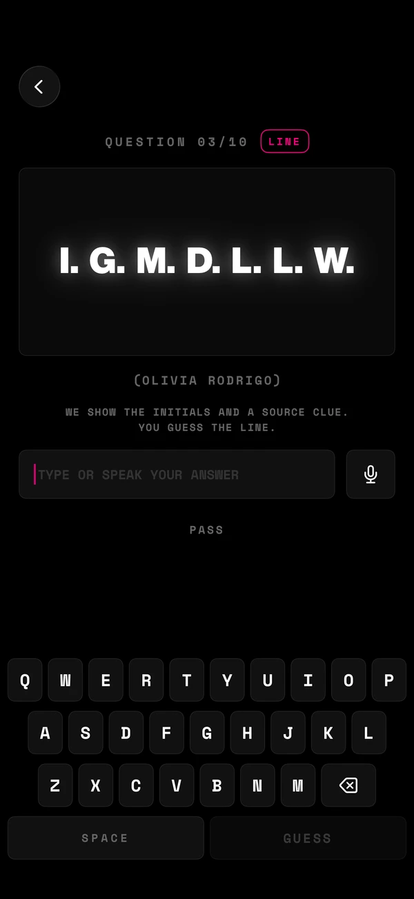 Guess the line from its initials in solo play
