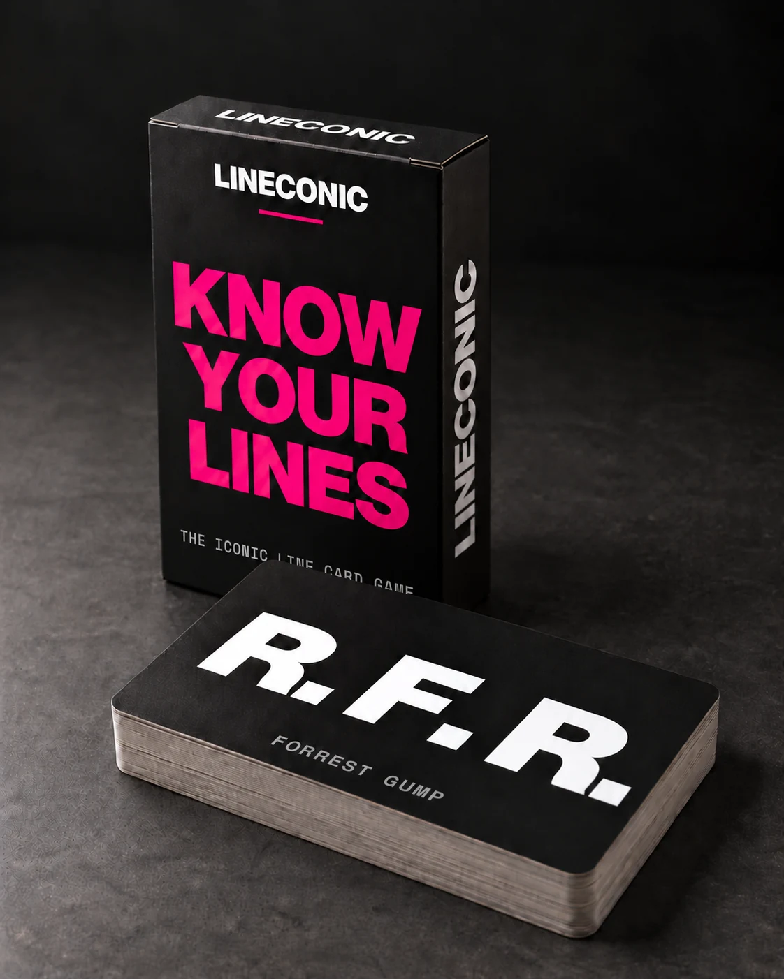 KNOW YOUR LINES. box and R.F.R. card deck on charcoal stone
