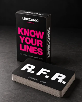 KNOW YOUR LINES. box and R.F.R. card deck on charcoal stone